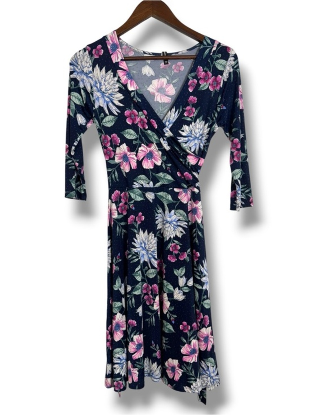 Janette Navy Floral Faux Wrap Tie Waist Dress 3/4 Sleeve Stretch Small